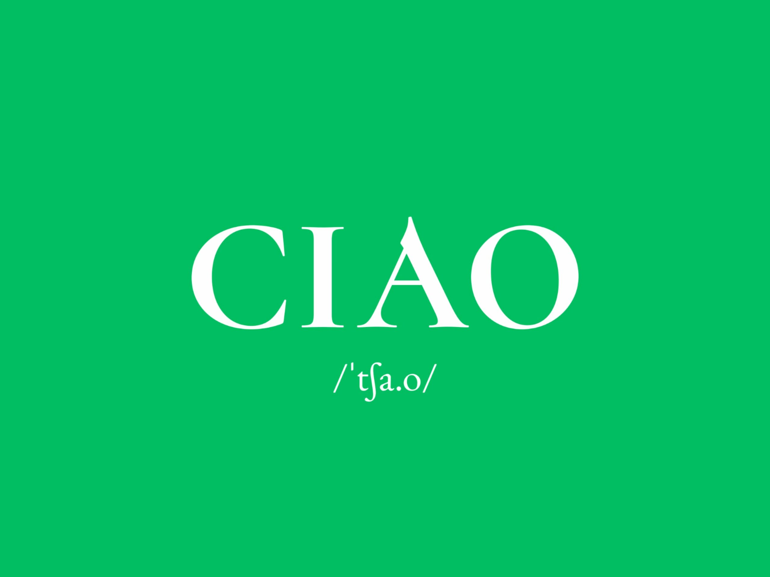 Italian word ciao written in white on a green background, meaning hello