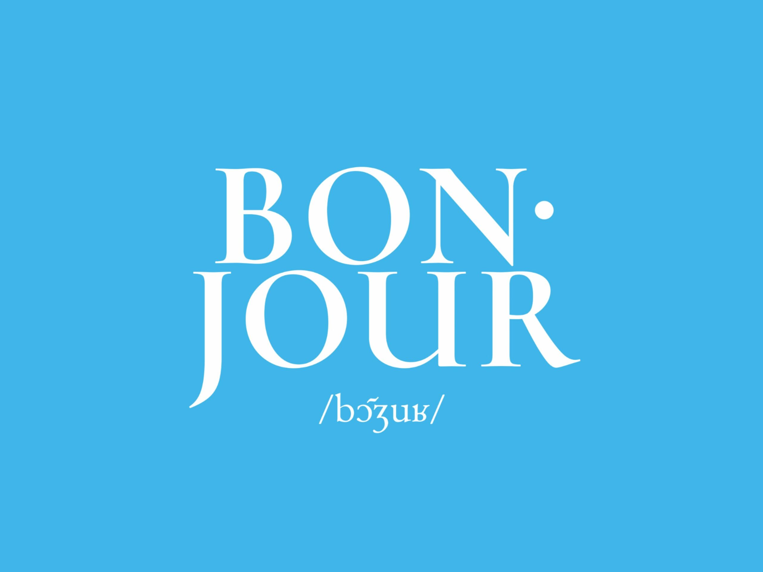 French word bonjour written in white on a blue background, meaning hello